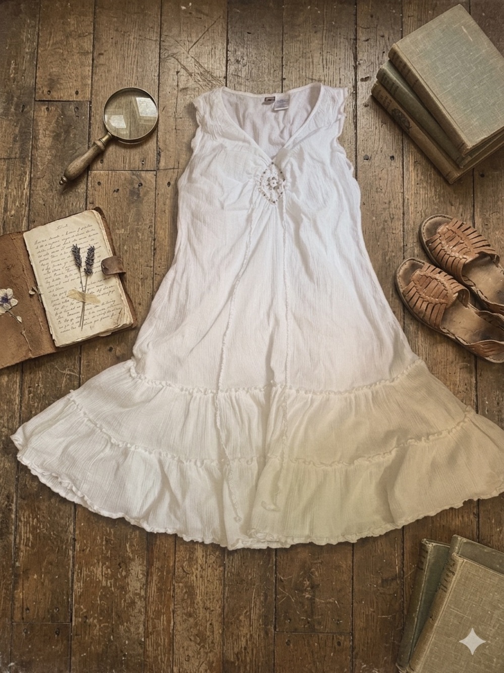 Vintage 100% cotton White Sleeveless Maxi Dress with Crochet Accent